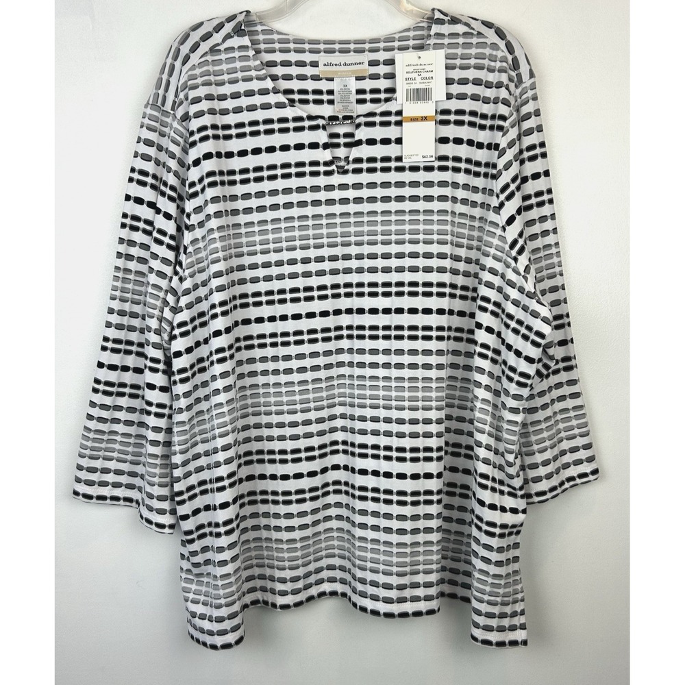 Alfred Dunner Top Womens 3X Stretch Tunic Blouse Plus Black White New Gift